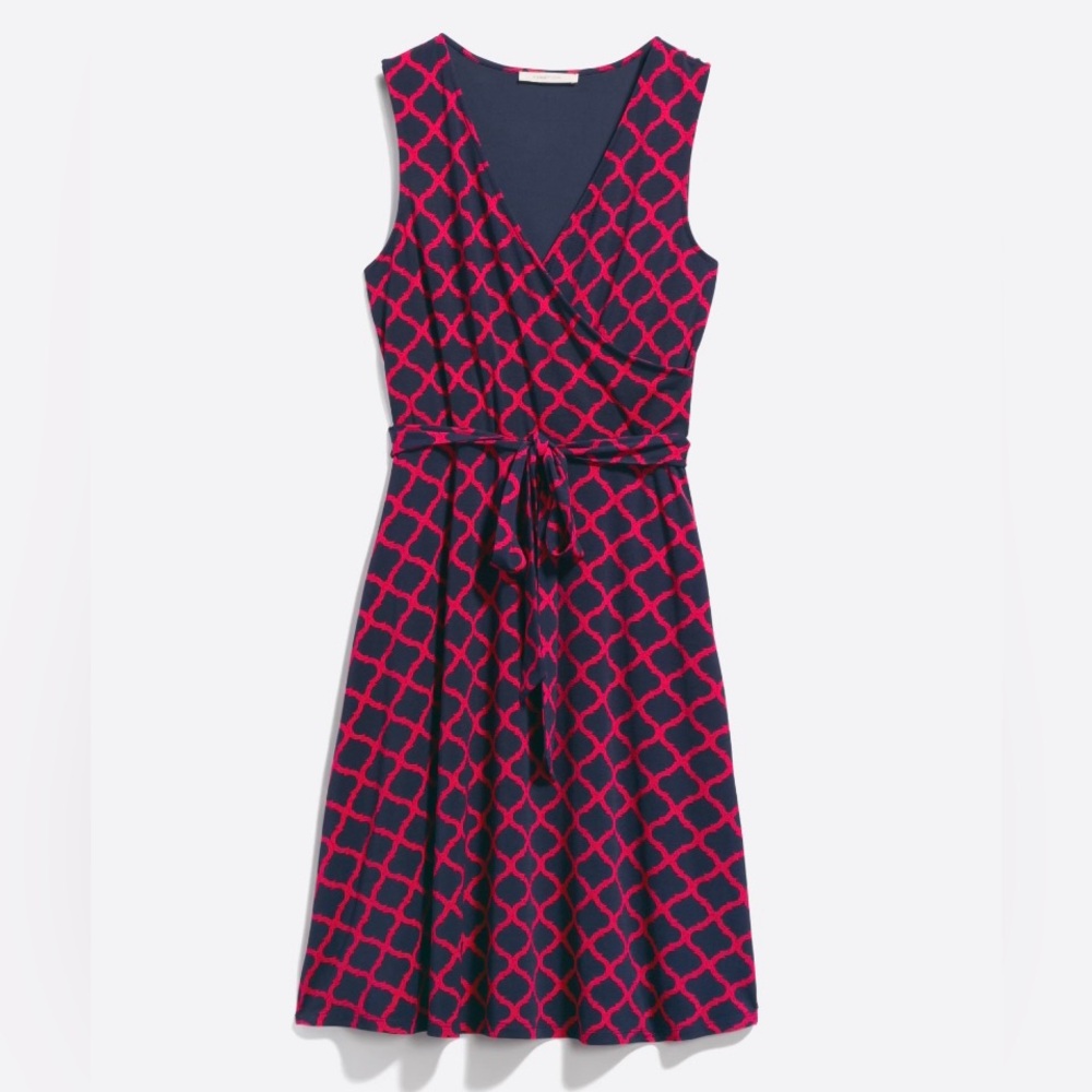 Sleeveless Navy and Pink Faux Wrap Dress- L